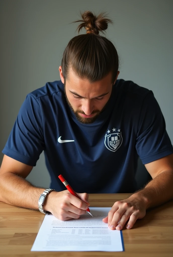 Create a football player with medium length hair combed back signing a football contract on the table.