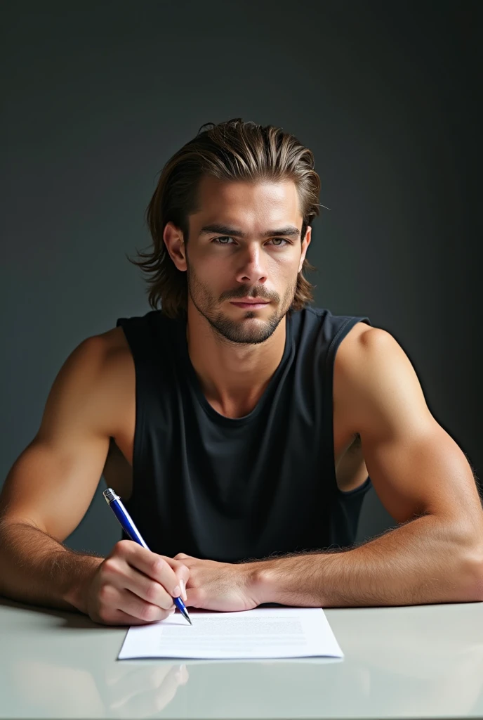 Create a football player with medium length hair combed back signing a football contract on the table. 