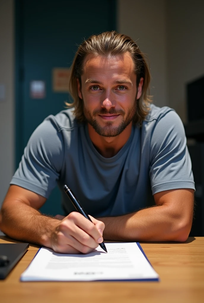 Create a football player with medium length hair combed back signing a football contract on the table.