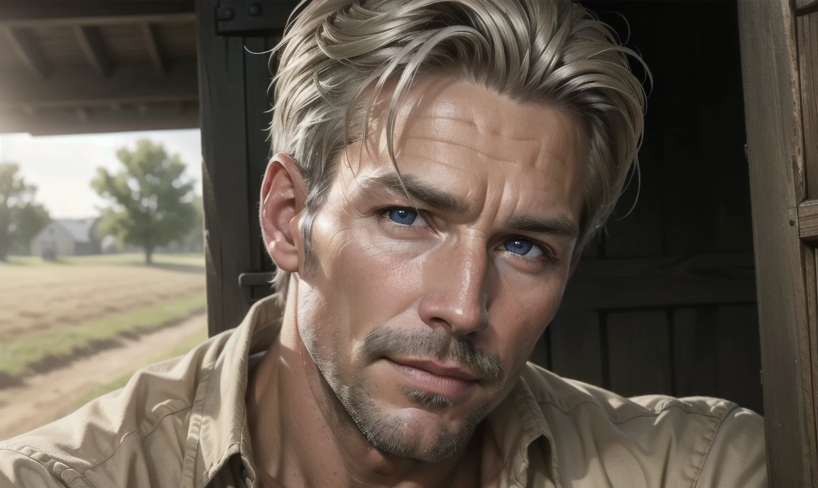 [((highly detailed, detailed eyes, detailed face, clear and realistic facial features, photorealistic, realistic light, cinematic)), ((((1 man)))), Mark is a handsome and alluring slender but muscular male farmer father aged 45 with short blond hair and a neat moustache and blue eyes and weathered skin wearing a flannelette shirt, ((sexy southern gay daddy farmer)), ((greying dark-blond hair)), (((weathered mature face))), (((Mark has a seductive smirking look on his face and a slight blush on his cheeks))), There is a charming yet dry southern farm in the background, ((sexual tension mood))]