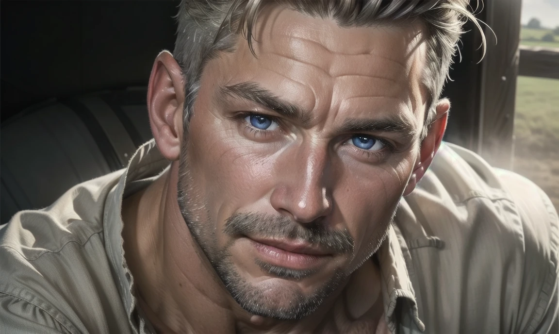 [((highly detailed, detailed eyes, detailed face, clear and realistic facial features, photorealistic, realistic light, cinematic)), ((((1 man)))), Mark is a handsome and alluring slender but muscular male farmer father aged 45 with short blond hair and a neat moustache and blue eyes and weathered skin wearing a flannelette shirt, ((sexy southern gay daddy farmer)), ((greying dark-blond hair)), (((weathered mature face))), (((Mark has a seductive smirking look on his face and a slight blush on his cheeks))), There is a charming yet dry southern farm in the background, ((sexual tension mood))]