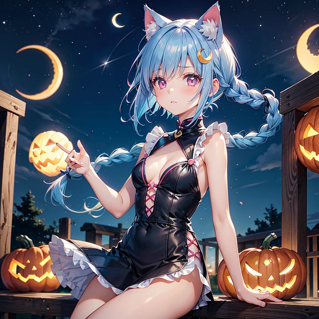 (Sky blue hair),(Braided short hair), (Pink Eyes),Fair skin) ,(whole body),(One Girl),(Crescent Moon),(There are lots of pumpkin ghosts in the background),Cat ear,Cat&#39;s Tail,(Sailor suit),(Ahegao),(Fall into Darkness),If you don't give me sweets, I'll play a prank on you.),Halloween Night Party),(masterpiece, Highest quality, Very detailed, Best Shadow), (Detailed Background), (Beautifully detailed face), High Contrast, (Best lighting, Very delicate and beautiful), ((Cinematic Light)), Hyper Detail,8k, Dramatic Light, Intricate details,night,(Bats flying in the background),Pumpkin handbag,There are sweets in the bag,High quality