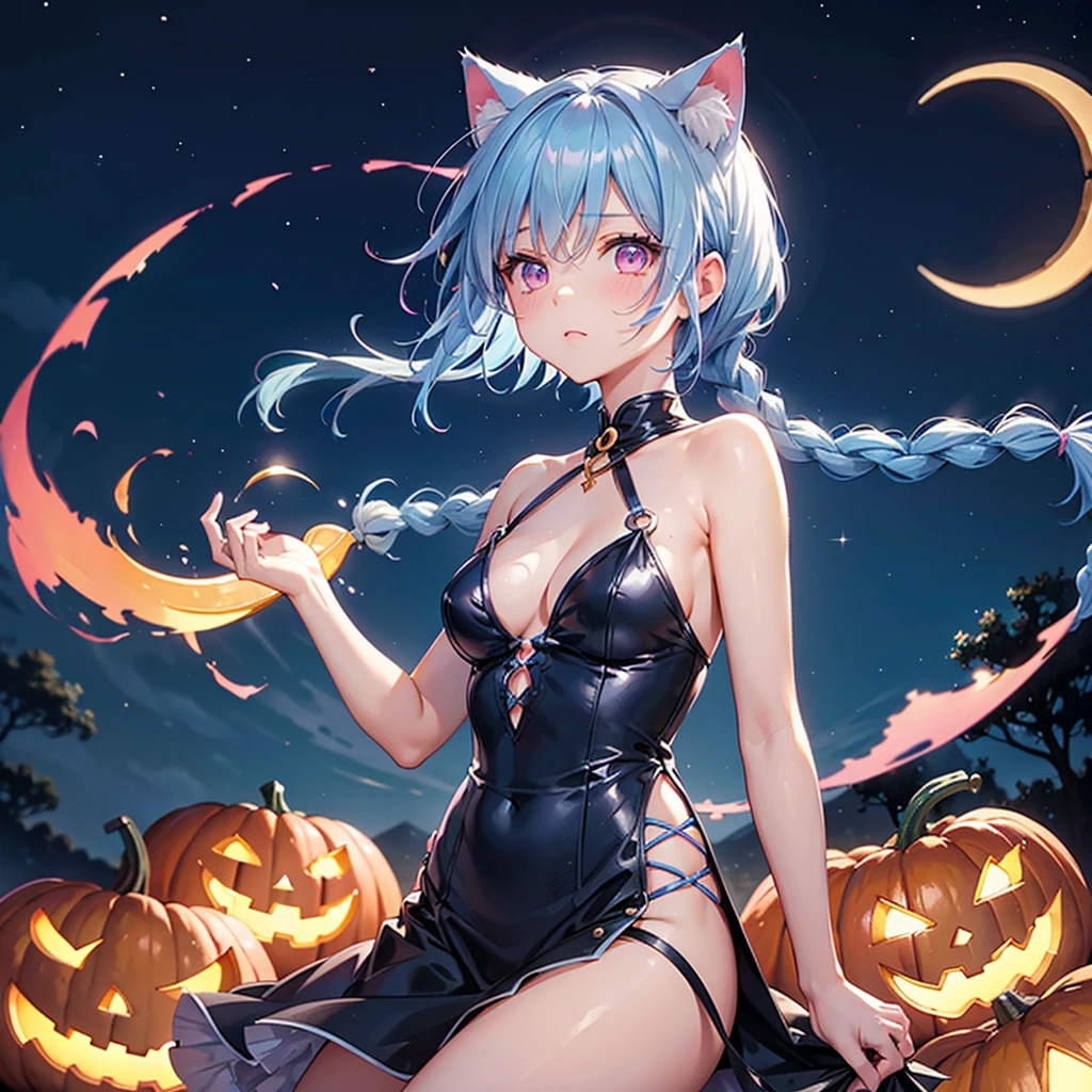 (Sky blue hair),(Braided short hair), (Pink Eyes),Fair skin) ,(whole body),(One Girl),(Crescent Moon),(There are lots of pumpkin ghosts in the background),Cat ear,Cat&#39;s Tail,(Sailor suit),(Ahegao),(Fall into Darkness),If you don't give me sweets, I'll play a prank on you.),Halloween Night Party),(masterpiece, Highest quality, Very detailed, Best Shadow), (Detailed Background), (Beautifully detailed face), High Contrast, (Best lighting, Very delicate and beautiful), ((Cinematic Light)), Hyper Detail,8k, Dramatic Light, Intricate details,night,(Bats flying in the background),Pumpkin handbag,There are sweets in the bag,High quality