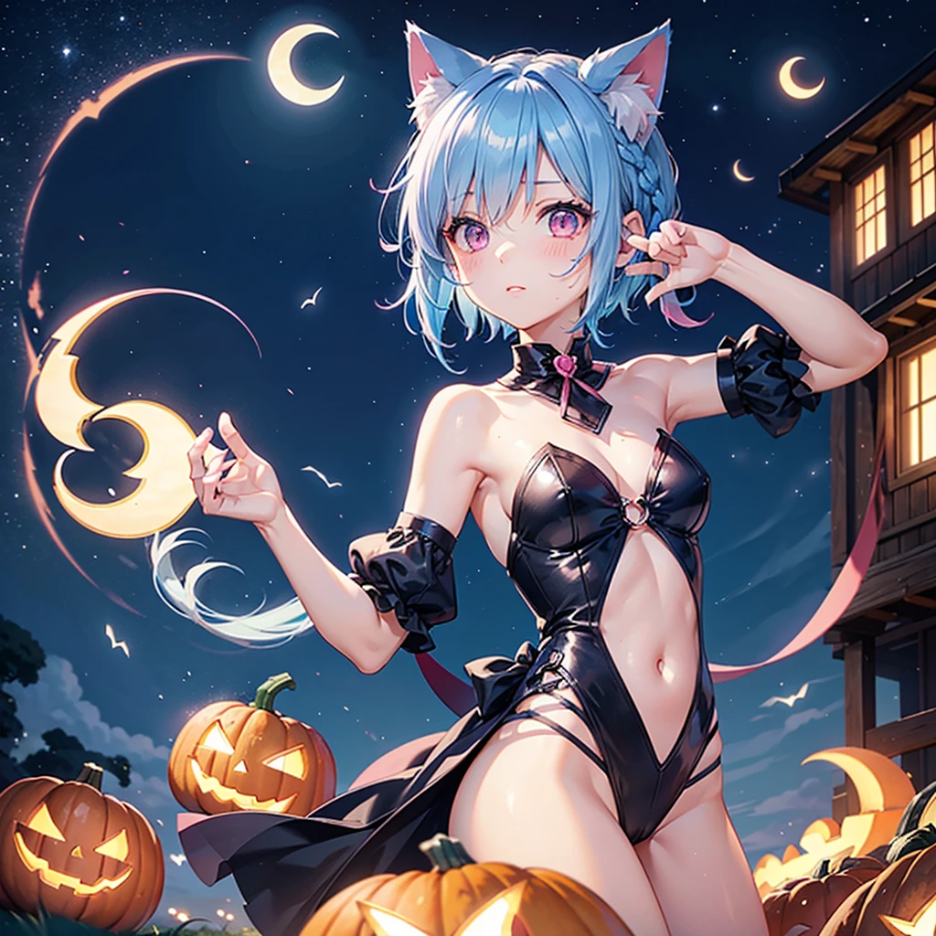 (Sky blue hair),(Braided short hair), (Pink Eyes),Fair skin) ,(whole body),(One Girl),(Crescent Moon),(There are lots of pumpkin ghosts in the background),Cat ear,Cat's Tail,(Sailor suit),(Ahegao),(Fall into Darkness),If you don't give me sweets, I'll play a prank on you.),Halloween Night Party),(masterpiece, Highest quality, Very detailed, Best Shadow), (Detailed Background), (Beautifully detailed face), High Contrast, (Best lighting, Very delicate and beautiful), ((Cinematic Light)), Hyper Detail,8k, Dramatic Light, Intricate details,night,(Bats flying in the background),Pumpkin handbag,There are sweets in the bag,High quality