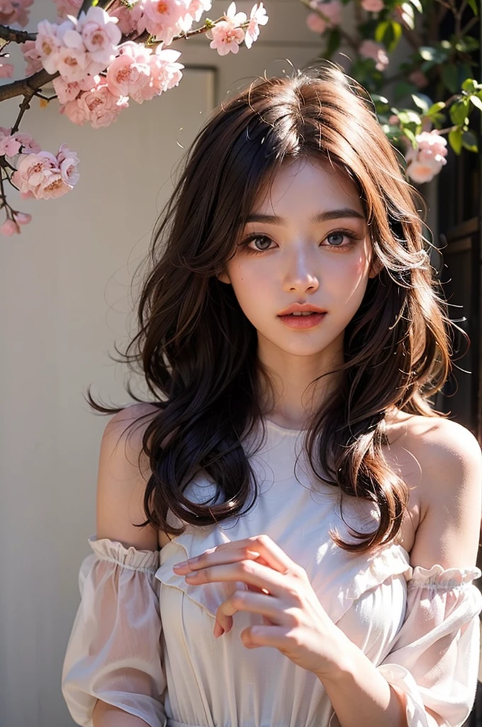 Pink curly hair, Pink Eyes,Sakura Leaves, Bright colors, White Dress, Paint splash, Simple background, Ray Tracing, 