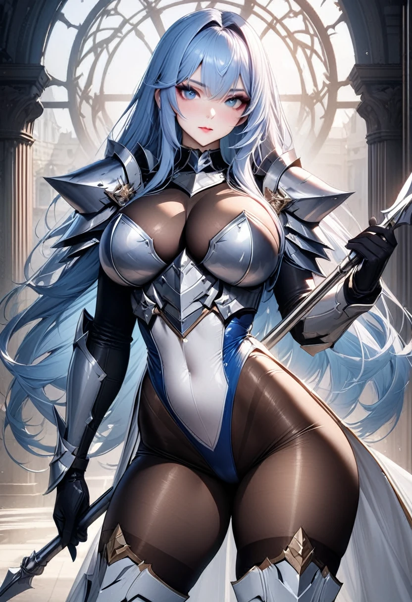 ((highest quality)), ((masterpiece)), ((hyperrealistic)), (solo), 1girl, ((curvy)), ((skindantation: 1.2)), perfect face, ((Azur Lane)), ((armored dress)), ((paladin armor)), ((skin-tight see-through pantyhose leotard: 1.4)), ((white knight armor breastplate)), ((skin-tight black Investigator Bodystocking)), ((large pauldron)), (long gauntlet gloves), ((light blue hair straight long hair)), ((large breasts that look like they might burst)), (pantyhose thighs), (white knee-high boots), (high heel boots), ((see through cleavage cutout)), zettai ryouiki, ultra high leg cut, beautiful blue eyes, Perfect hands, perfect fingers, luxurious goldsmith spear, holding a spear, prepare a spear, makeup