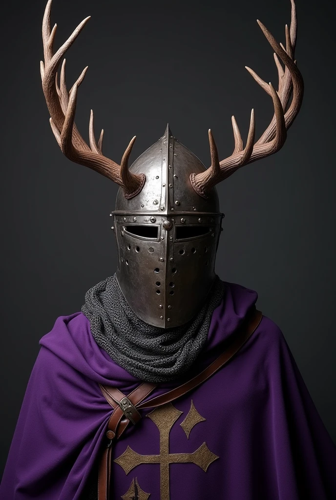 Templar knight helmet with deer antlers, dark purple