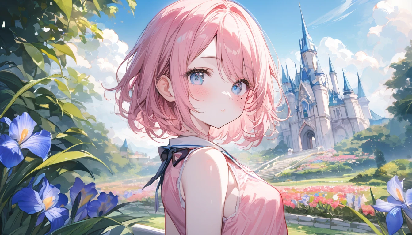 (1 girl),(Best Picture Quality, 8K, Masterpiece:1.3),(watercolor style), (soft blending:1.2), fluid colors, dreamy washes, delicate textures, organic shapes, atmospheric depth, (high school student:1.5), ((pink lob hair:1.1)), (bob cut),(swept bangs), (cute eyes, pupil black, iris skyblue, youthful face), (mole under right eye), (standard weight), (small ),(big hip), (glistening skin:1.1),(pale skin:1.2), BREAK cute pink dress, sleeveless, short skirt, BREAK fantasy pink castle, magical aura, lush green garden in foreground, blue sky with fluffy clouds, bright daylight BREAK (magnificent panorama view:1.3), looking at viewer,
