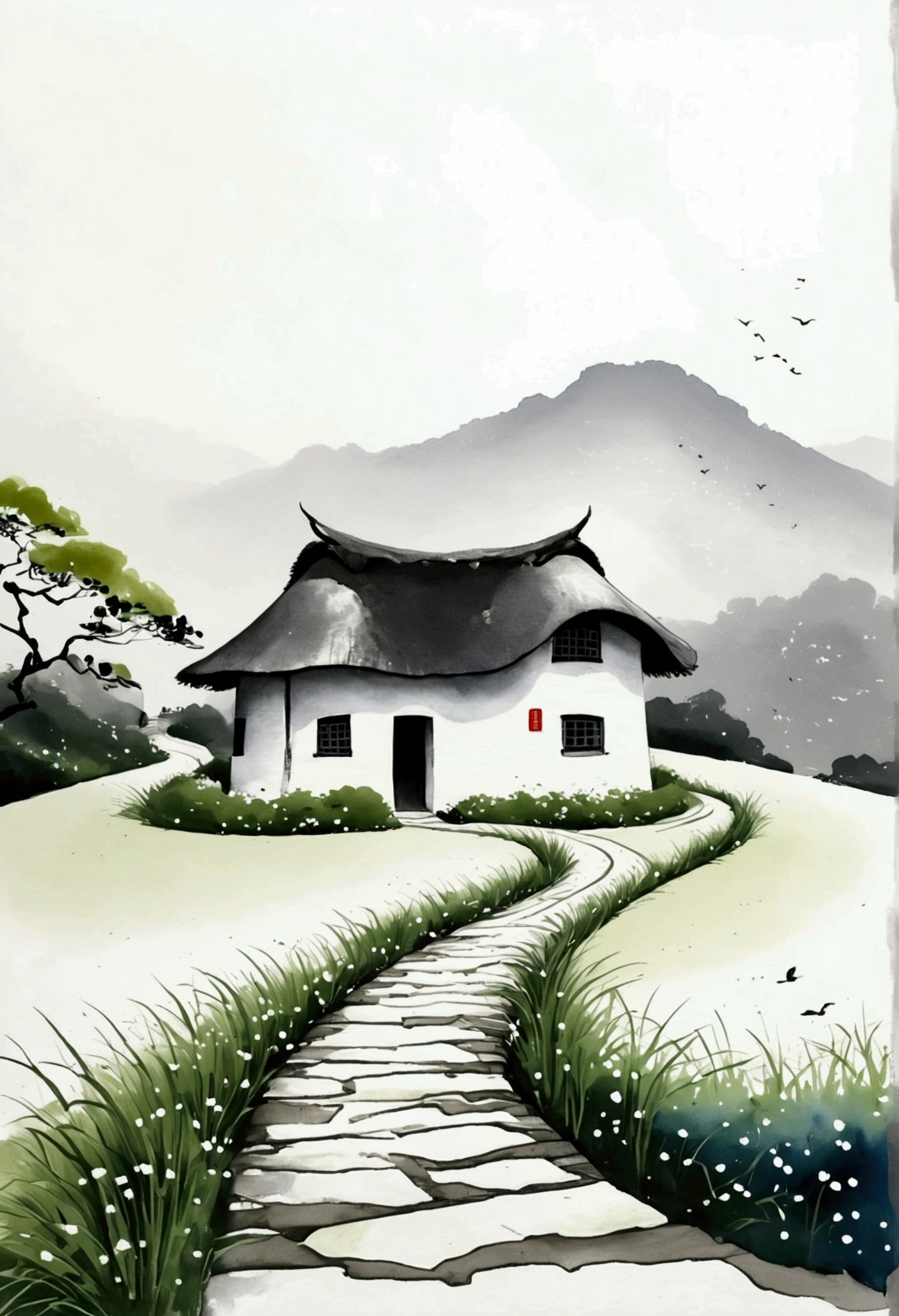 Sky占比2/3.Chinese Ink Painting Sketch:Peaceful and Freehand,artistic conception:2.Dot,A thatched cottage on a winding path,Minimalism,White background。(((Negative Space:2,Large area of blank:2, Bottom left corner composition)))。niji6 style