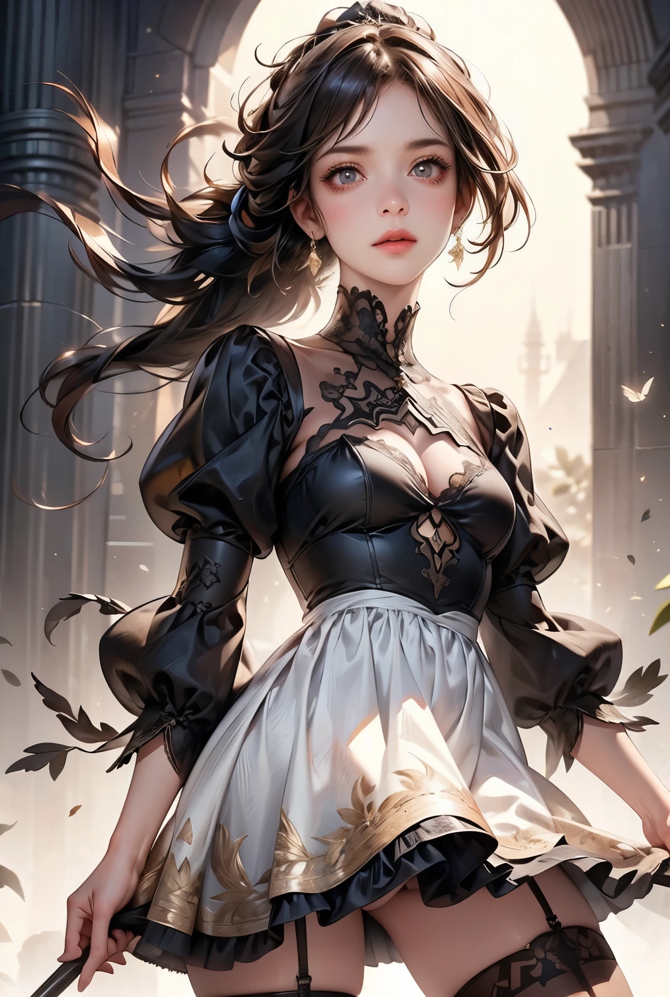 (((masterpiece, of the highest quality, super detailed))), (a witch belonging to an occult order of knights), (a knight crossed with a witch), (big forhead:1.2), extremely detailed cute anime face, intricate eyes,beautiful detailed eyes,symmetrical eyes,(((detailed face))),beautiful detailed lips, (((dark hair, long ponytail, thick ponytail, heavy ponytail))), (((Very sharp focused eyes))), ((small breasts)), very long eyelashes, occult aesthetic, (resolved expression), resolute expression), Victorian era inspired, ((minimal but intricate beautiful armour)), (Fluttering lace flared dress with frilly petticoats), ((Bloodbourne inspired)), ((nier automata inspired)), (red and white clothing detailed and intricate steampunk and detailed gothic), (with a hood), thigh high flaredlace stockings, complex lace boots,