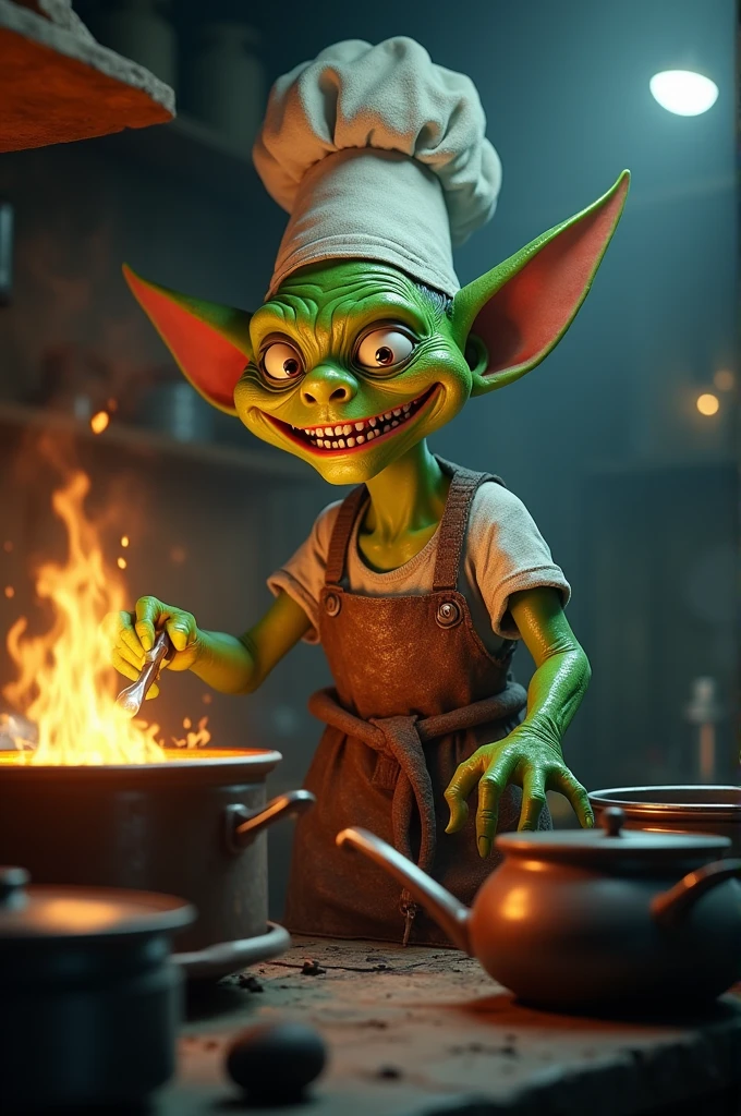 A whimsical and slightly sinister goblin chef with green skin and exaggerated features,wearing a tradition chef's hat and a stained apron.
He has a wide,toothy grine and mischievous eyes,surrounded by a dimly kitchen filled with post and flames.
The atmosphere is smoky and mysterious,with a focus on the chef's playful yet eerie demeanon capturing the essence of a fantasy cooking scene high detail,cinematic lighting and a moody background