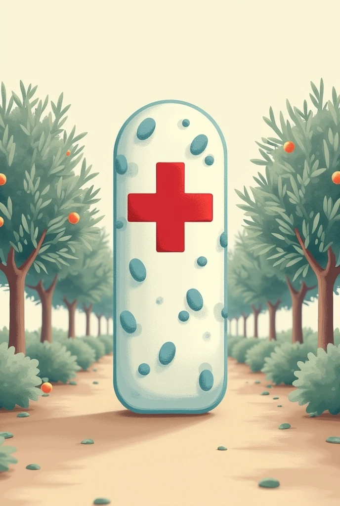 A bacterium (bacilli) sealed with a red cross, but not inside the cross and with olive trees on the sides