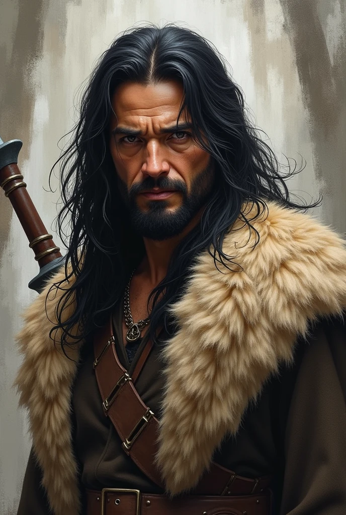 Oil painting sketch of Joaquin de Almeida, medieval fantasy concept art, portrait, long black hair, ranger, wolf pelt cloak,