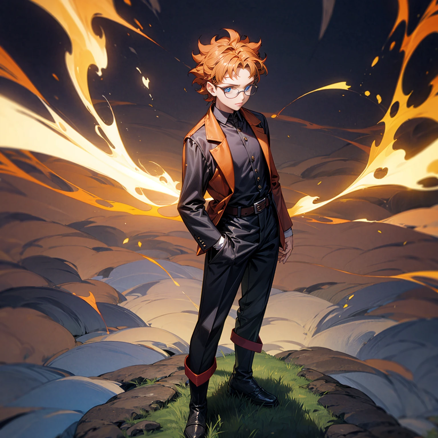 Solo character, full body version, man, blue eyes, orange color hair, curly hair, glasses, formal suit outfit, black pants, boots, belt, outdoor, field, town, medieval, morning, detailed background, detailed clothing, detailed hair, happy, (Hunter x Hunter style art), standing gesture, fire effect, smoke effect, plasma, blood, glow effect on hand, electric