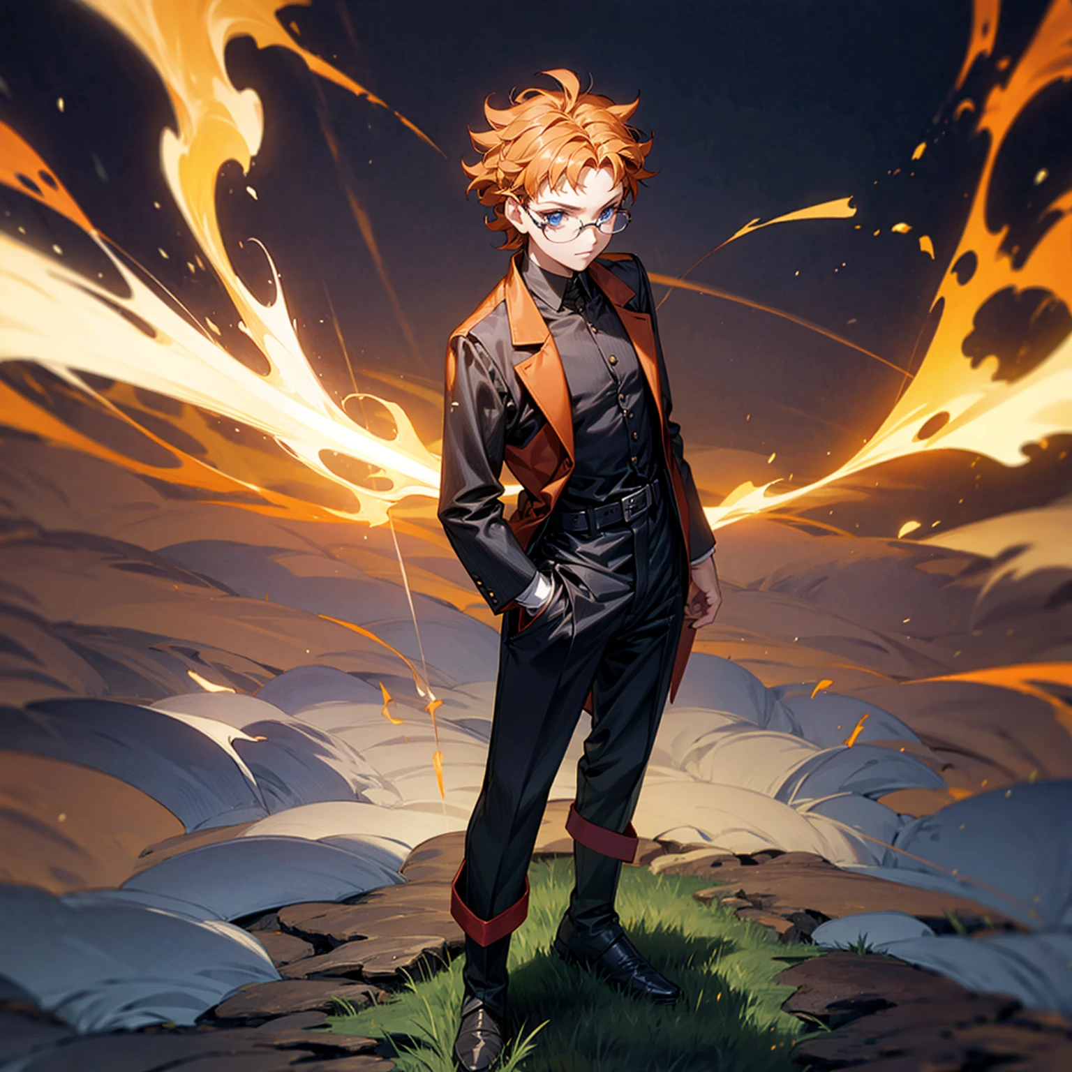 Solo character, full body version, man, blue eyes, orange color hair, curly hair, glasses, formal suit outfit, black pants, boots, belt, outdoor, field, town, medieval, morning, detailed background, detailed clothing, detailed hair, happy, (Hunter x Hunter style art), standing gesture, fire effect, smoke effect, plasma, blood, glow effect on hand, electric