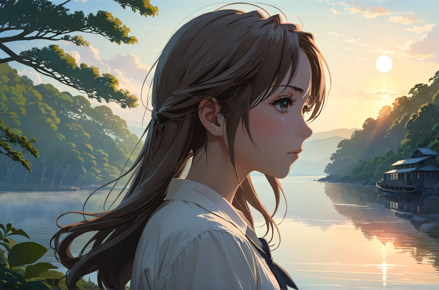 Uses Makoto Shinkai's depiction perfectly,Portrait of Halie Loren,8k 4k masterpiece photo ,Mysterious sight,In the morning haze,profile,profileが美しい,Semi-long hair,Ash hair,White shirt,Look in a different direction,Nestled on the lakeside,Quiet morning