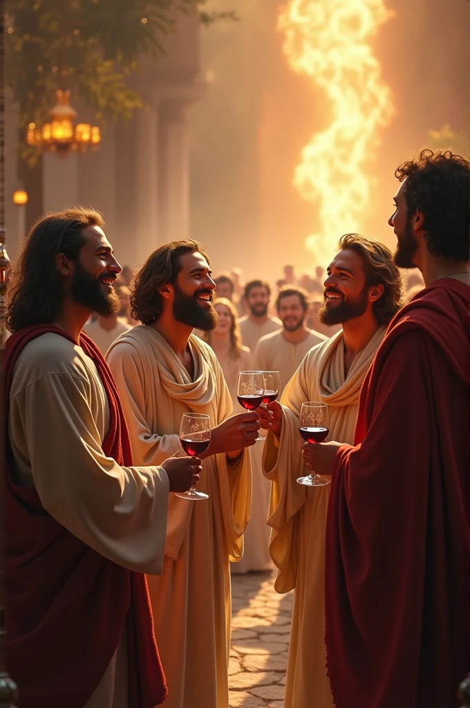 The disciples of Jesus gathered in a group, displaying joy and awe as they witness the first miracle of Jesus. They are in a celebratory atmosphere, with their expressions reflecting deep belief and reverence. The background includes the wedding festivities and the transforming wine