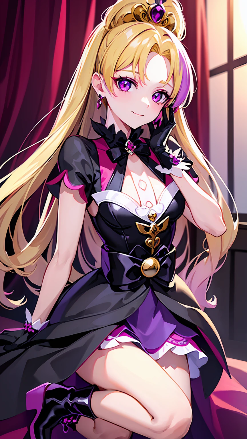 Best Quality、Super detailed、1 Girl、solo、Cure Flora、（Blonde Hair）、Black ruffled skirt、black tiara、Wrist Cuffs、Purple Shorts、Black Dress、boots、Medium Breasted、Twilight Belt、ブラックエナメルboots、Wicked Smile、（Shiny Fabric：1.5）、Full Body Shot、Purple Gem、Seductive pose、Brush、Demon Tail、（Beautiful detailed eyes：1.6）、Highly detailed face、Perfect lighting、Highly detailed CG、（Perfect hands、Perfect Anatomy）、devil tail、Red and black color scheme、Shiny material、smile、black ribbons、Black Satin Gloves、Batwing Ornament、Black Frill、jewelry、corruption、Latex Shine、Black Gothic Cloak、Velvet curtain in the background、Black Rose Ornament、Purple Mesh