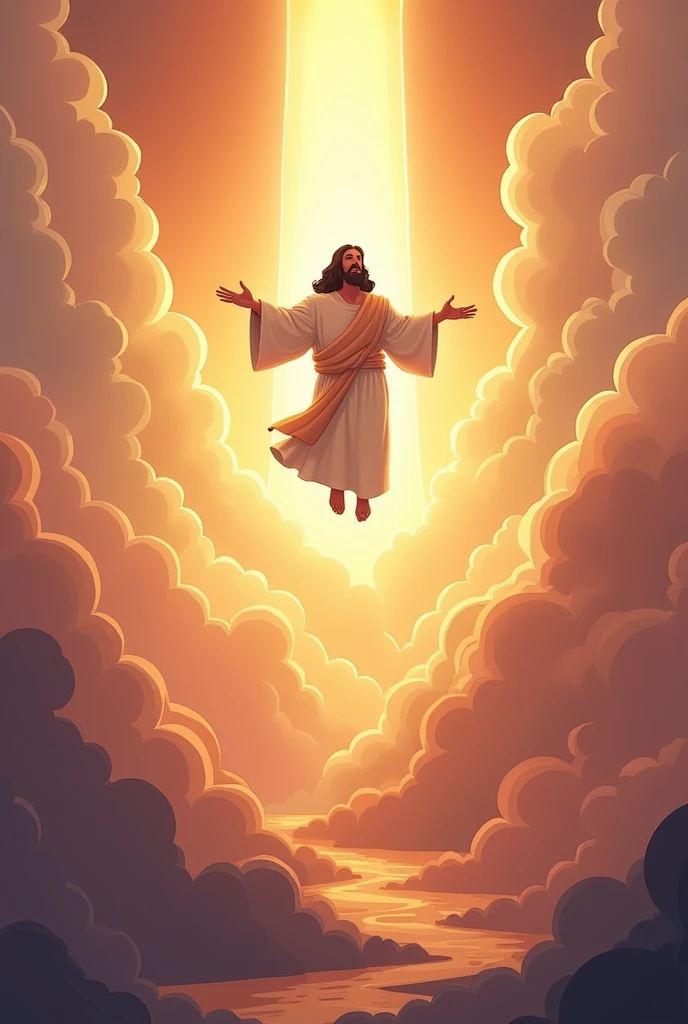 A cartoon video of Jesus descending from heaven