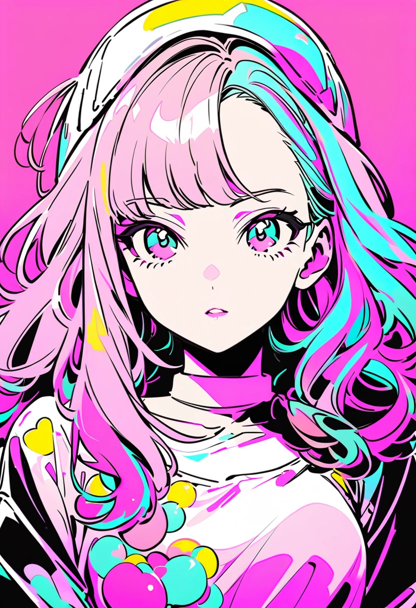 (Highest quality:1.2, City Pop Style, Very detailed, up to date, Vibrant, High Contrast, masterpiece:1.2, Highest quality, Best aesthetics), girl, ((Face Up Shot:1.4)), Colorful Hair, Long Hair, pastel colour, White shirt, 1980s style, ((Retro, Vintage, Plain background)) Mika Pikazo&#39;s Colorful Style, Abstract art，(((The most beautiful girl of all time))), Cute Face. Lips in Love, Colorful Hearts, Stylish design, Iris