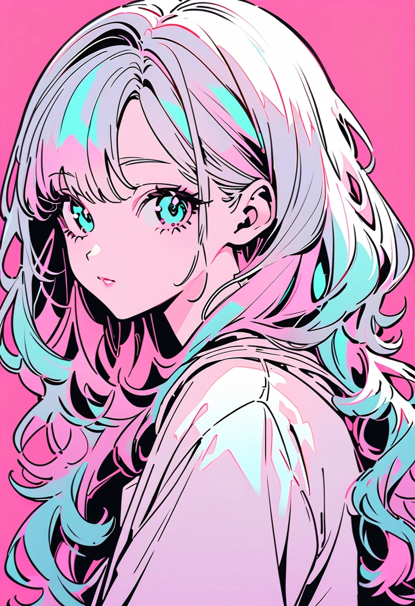 (Highest quality:1.2, City Pop Style, Very detailed, up to date, Vibrant, High Contrast, masterpiece:1.2, Highest quality, Best aesthetics), girl, ((Face Up Shot:1.4)), Colorful Hair, Long Hair, pastel colour, White shirt, 1980s style, ((Retro, Vintage, Plain background)) Mika Pikazo&#39;s Colorful Style, Abstract art，(((The most beautiful girl of all time))), Cute Face. Lips in Love, Colorful Hearts, Stylish design, Iris