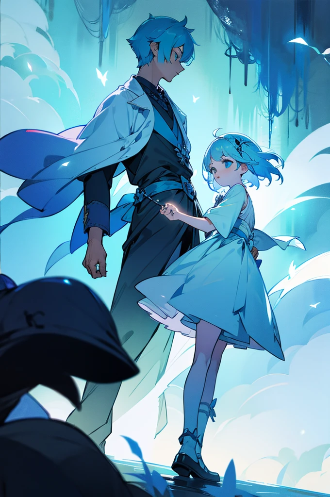 Walking hand in hand through the white misty forest、A girl with short light blue hair holding a lantern and a boy with short light blue hair