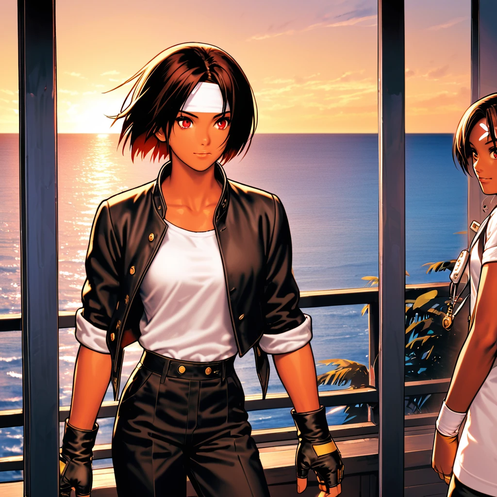 One person,woman,short hair,Dark Skin,Red eyes,（black jacket with sleeves rolled up）,Fingerless gloves,White T-shirt, （White headband on forehead）,Black trousers,White shoes,Tea belt,cute,Indoor Party,Charm Points,Ocean View,Slightly large chest,Outdoor,high quality,good looking,Confidence and shyness,Dining with friends on the terrace,Vibrant atmosphere,Standing by the window,Looking out to sea