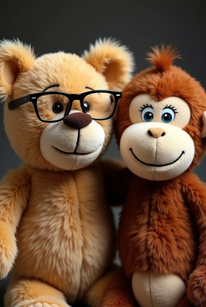 A teddy bear wearing glasses and a smiling stuffed monkey are side by side,Monkeys have very sharp eyes.