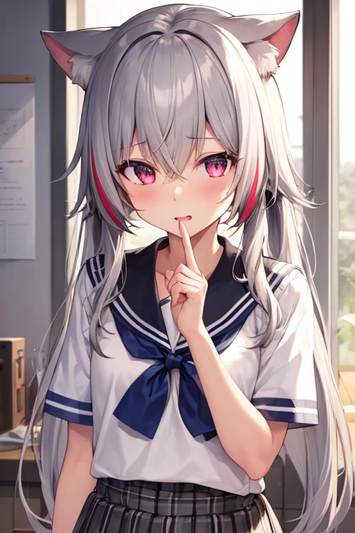 1girl, (upper body:1.3), cat girl, grey hair, streaked hair, pink hair, long hair, hair between eyes, twintails, sailor collar,
highly_detailed, extremely_detailed_CG_unity_8k_wallpaper, highres, absurdres, beautiful_detailed_eyes, finely_detailed_clothing, finely_detailed_light, highly_detail_hair_,
colorful, light rays, caustics, aistics, lens flare, bokeh, nsfw, tianyi3, flat-chested, pink eyes, silk stockings, JK Uniform Plaid Skirt, school uniform, Light pink mini skirt, blush,
score_anime, score_9, score_8_up, masterpiece, beautiful scenery, floral background, illustration, Light yellow underwear, sexually suggestive