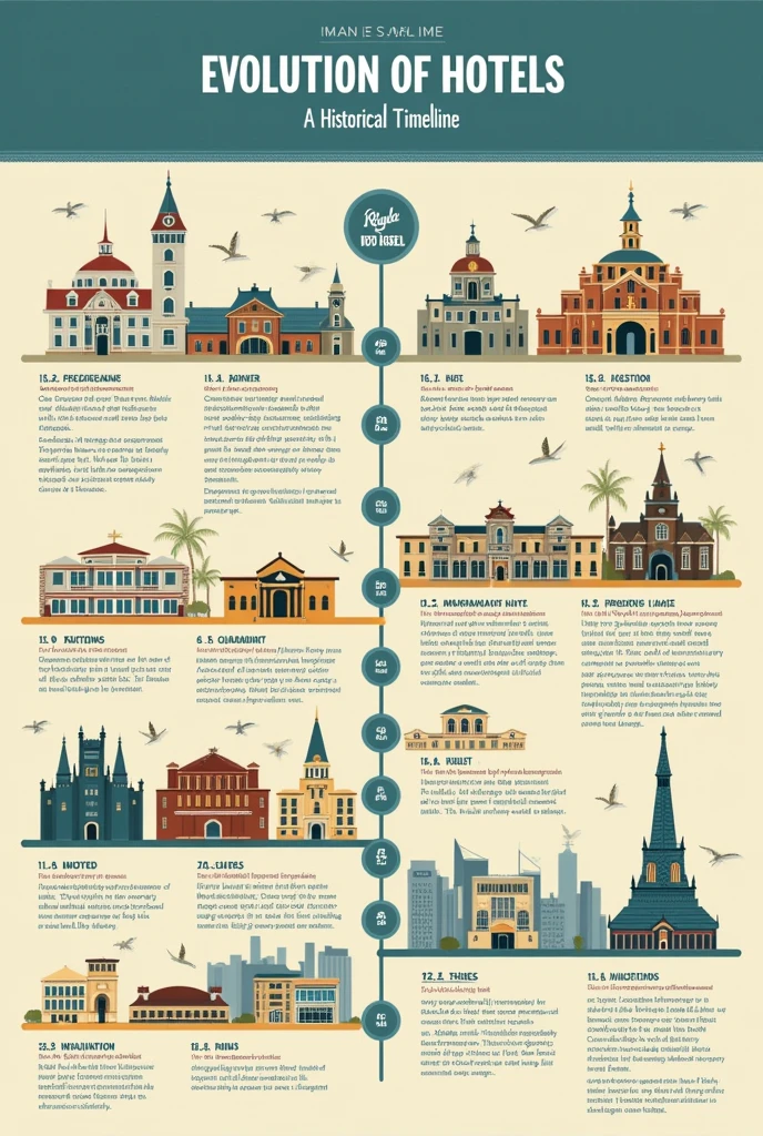 Create a timeline using the given information [### **Historical Development of Hotels Timeline** 1. **Title: "Evolution of Hotels: A Historical Timeline"** 2. **Layout: Horizontal or Vertical Timeline** 3. **Key Sections:** - **Ancient Times**: - Icon: Ancient Greek or Roman inn - Text: "5th Century BC: Early forms of lodging in Greece and Rome." - **Middle Ages**: - Icon: Monastery - Text: "8th Century: Monasteries offer lodging for travelers and pilgrims." - **16th Century**: - Icon: Historic English inn - Text: "1546: The George Inn in London, an early commercial inn." - **17th Century**: - Icon: French town house - Text: "1694: The term 'hotel' is used in France for large town houses." - **18th Century**: - Icon: Classic hotel building - Text: "1760s: Modern hotel concept begins with service beyond just lodging." - **19th Century**: - Icon: Tremont House - Text: "1829: The Tremont House in Boston introduces indoor plumbing and room service." - Icon: Ritz Hotel - Text: "1850s: Luxury hotels like the Hôtel Ritz transform the industry." - **Early 20th Century**: - Icon: Statler Hotels - Text: "1908: Statler Hotels introduces standardized hotel services." - Icon: Skyscraper hotel - Text: "1920s: Skyscraper hotels, e.g., The Waldorf-Astoria, emerge." - **Mid 20th Century**: - Icon: Motel sign - Text: "1950s: Rise of motels offering roadside lodging." - Icon: Chain hotel logo - Text: "1960s: Global hotel chains like Hilton International standardize experiences." - **Late 20th Century**: - Icon: Boutique hotel - Text: "1980s: Boutique hotels focus on unique and personalized experiences." - Icon: Computer with hotel booking website - Text: "1990s: Online booking transforms hotel reservations." - **21st Century**: - Icon: Smartphone with hotel app - Text: "2000s: Sharing economy and platforms like Airbnb gain popularity." - Icon: Contactless technology - Text: "2020s: Contactless check-in, enhanced hygiene, and sustainability become key trends." 4. **Design Elements:** -