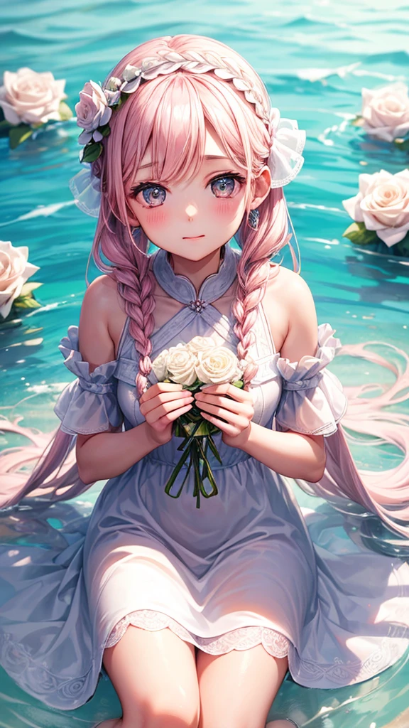 A beautiful young girl surrounded by white roses, fair skin, a light pink dress, and a sea-colored braided headband ส้นสูงสีขาวดอกกุหลาบทัดหู