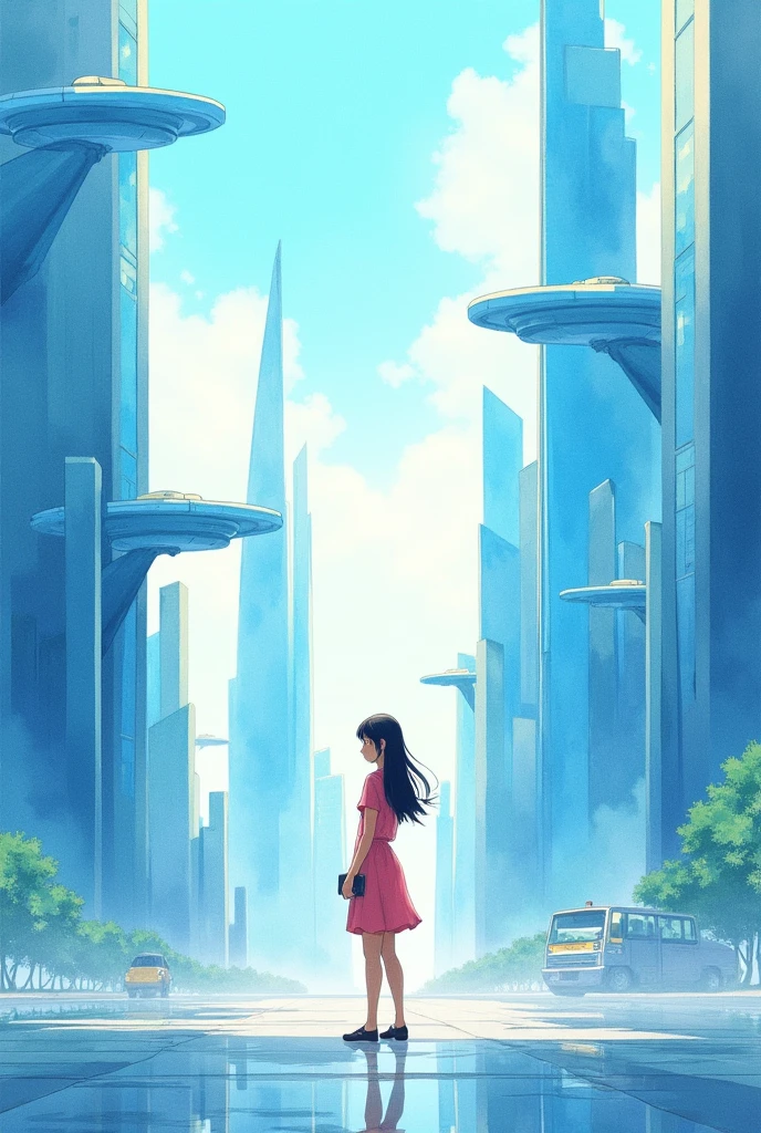 Our future life  Near future and watercolor style  Buildings should be clearly visible with a lot of light blue  The character is one 17 year old girl  Horizontal screen