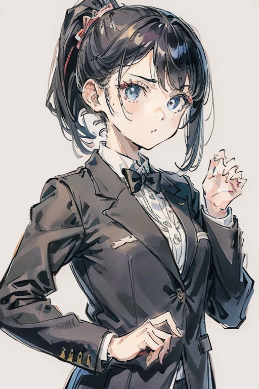 One Girl, ponytail, Cool face,Sharp eyes,Blazer Uniform,Anatomically correct, Attention to detail, Slanted Eyes, Setting diagram, Background Blur, anime, 
