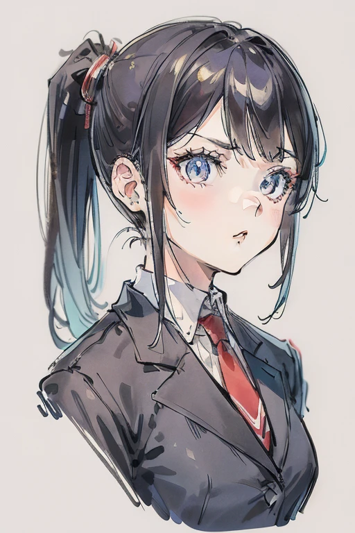 One Girl, ponytail, Cool face,Sharp eyes,Blazer Uniform,Anatomically correct, Attention to detail, Slanted Eyes, Setting diagram, Background Blur, anime,