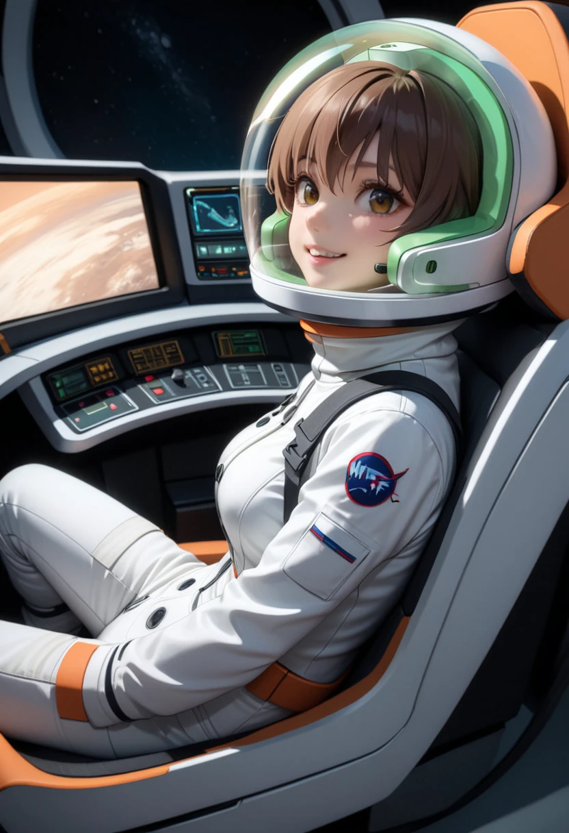 eva helm, spacesuit , astronaut),helmet, space helmet,spacesuit:1.15), white cargo pants, (ugh, wtf do these buttons do:1.3), inside the cockpit of a (futuristic spaceship:1.1), sitting in the captains chair, (intricate control panels:1.3), from side, girl, women, from above, smile