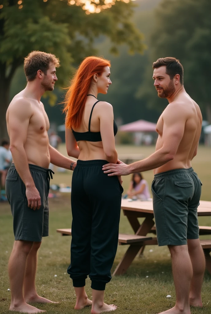 Redhead at the picnic, black sweatpants, Braless, Men are touching a woman who is weak and sexy, Barefoot woman touched by her male friends on her butt