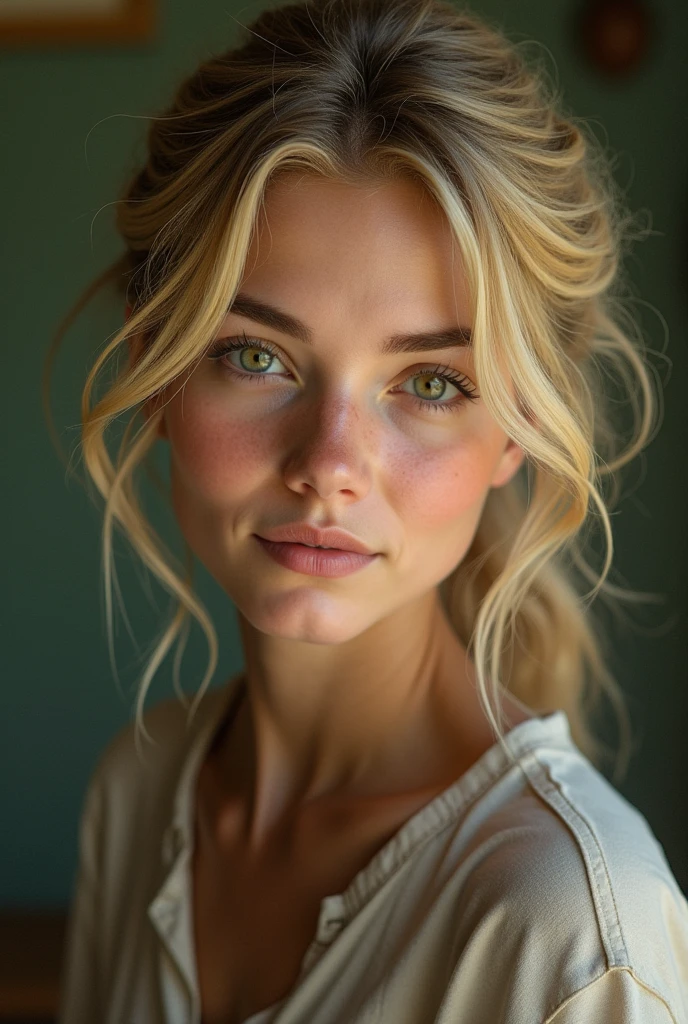 Woman with medium blonde hair, honey green eyes, short, Christian and missionary 