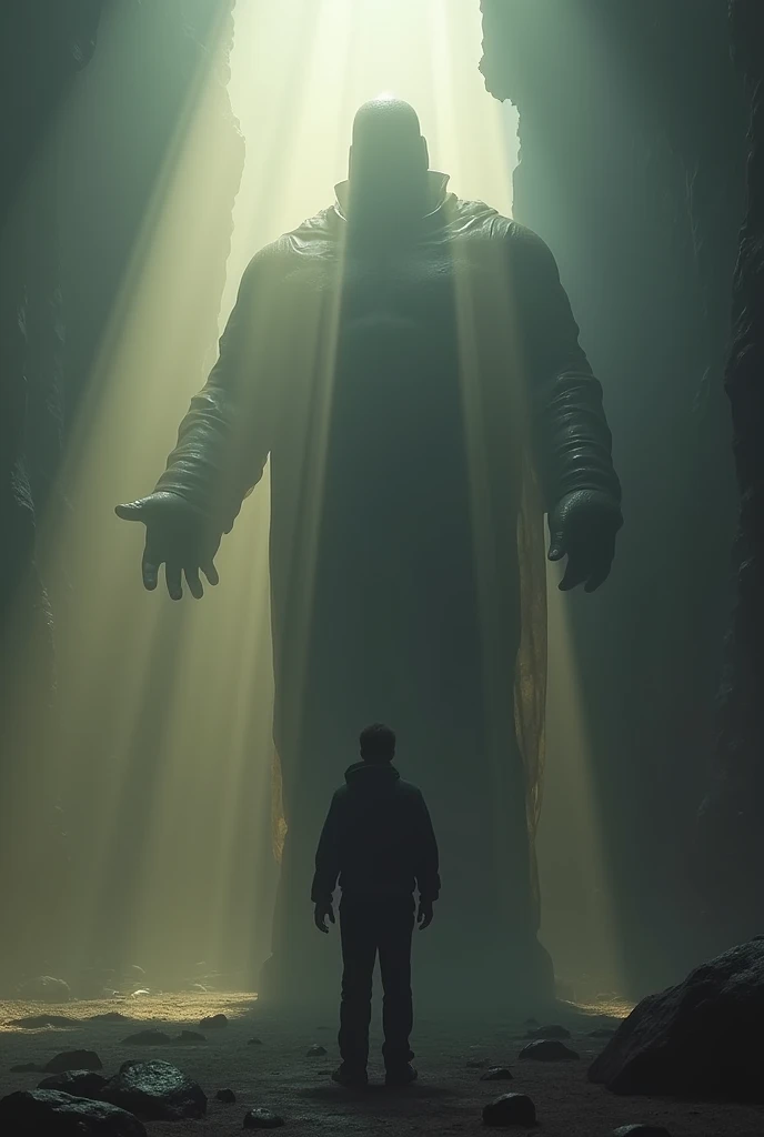 Image of a giant holding with one hand a huge amount of light coming from the front and with the other hand extended in the opposite direction as if calling someone, iluminado, Photorealistic cinematics, corpo inteiro, perfect composition, Beautiful and detailed 4K representation Incredibly detailed trends in ArtStation, Arte 4K arte conceitual fotografia, perfect composition, Beautiful incredibly detailed octane rendering trending in ArtStation, Fotografia de arte 4K, arte conceitual fotorrealista, soft natural volumetric cinematic perfect light, Chiaroscuro, fotografia premiada, master part