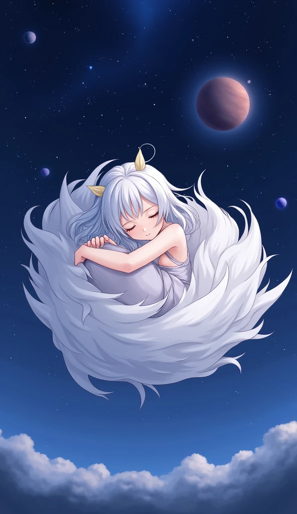 「The silver-haired Fenrir girl、Floating with outer space in the background、Please draw me sleeping curled up with my knees hugged。The girl&#39;s clothes and appearance remain the same.、Create a calm and tranquil anime style illustration.。Stars in the background々Or Galaxy、Place planets that are visible in the distance、Emphasize the vastness and silence of space。」