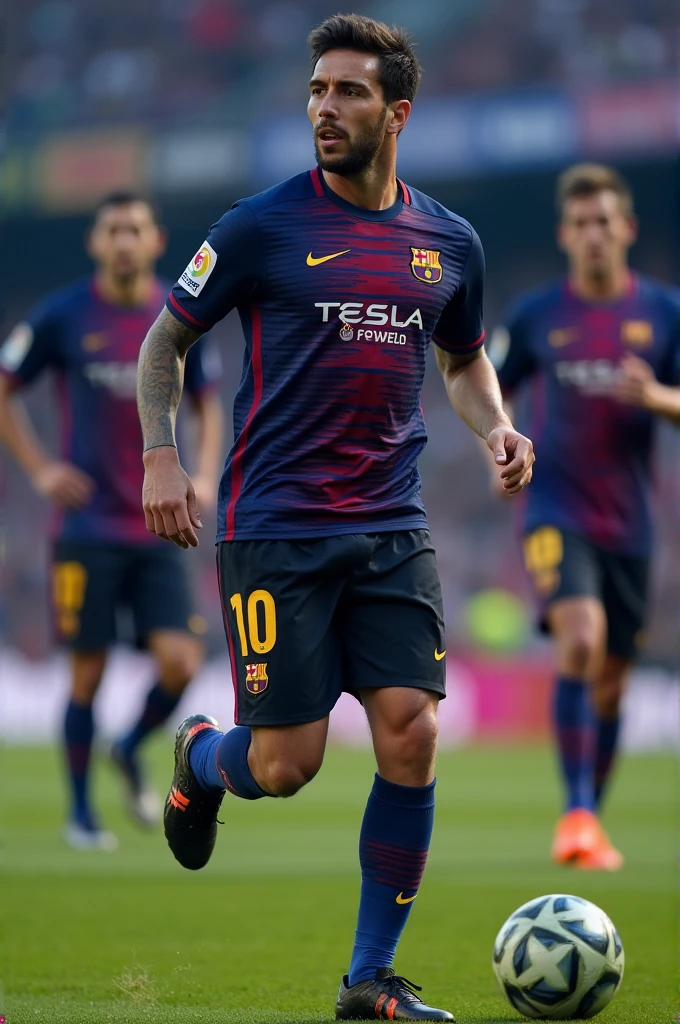 The BARCELONA team's uniform is blue, black and red, and TESLA is written as a sponsor in the middle of the uniform
