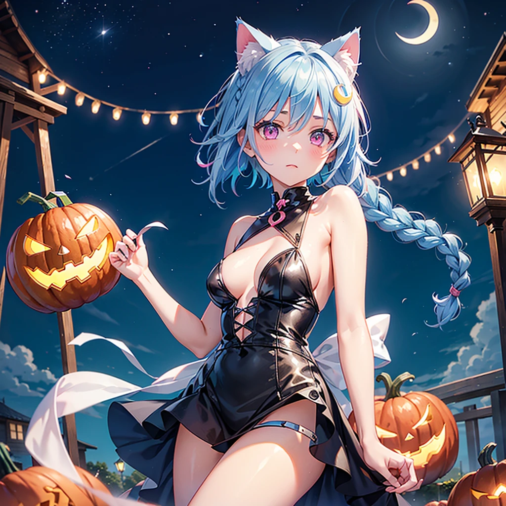 (Sky blue hair),(Braided short hair), (Pink Eyes),Fair skin) ,(whole body),(One Girl),(Crescent Moon),(There are lots of pumpkin ghosts in the background),Cat ear,Cat's Tail,(Sailor suit),(Ahegao),(Fall into Darkness),If you don't give me sweets, I'll play a prank on you.),Halloween Night Party),(masterpiece, Highest quality, Very detailed, Best Shadow), (Detailed Background), (Beautifully detailed face), High Contrast, (Best lighting, Very delicate and beautiful), ((Cinematic Light)), Hyper Detail,8k, Dramatic Light, Intricate details,night,(Bats flying in the background),Pumpkin handbag,There are sweets in the bag,High quality