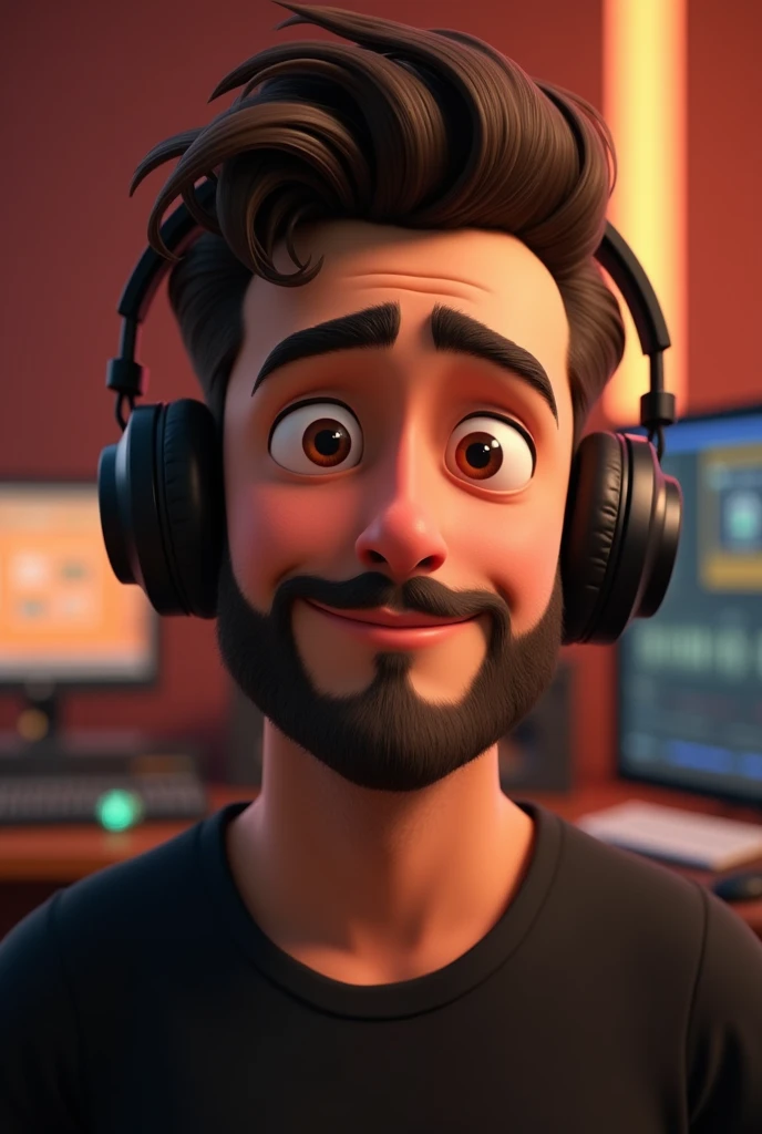 one men, Soon, short beard, eyes browns, with headphones from ear, A music studio in the background, Pixar-style image, 3D animated movie style, Disney, black tee