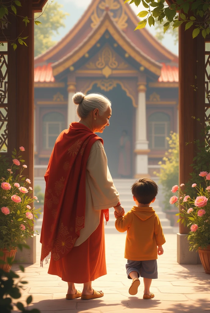 Image of grandmother going to temple with her grandson