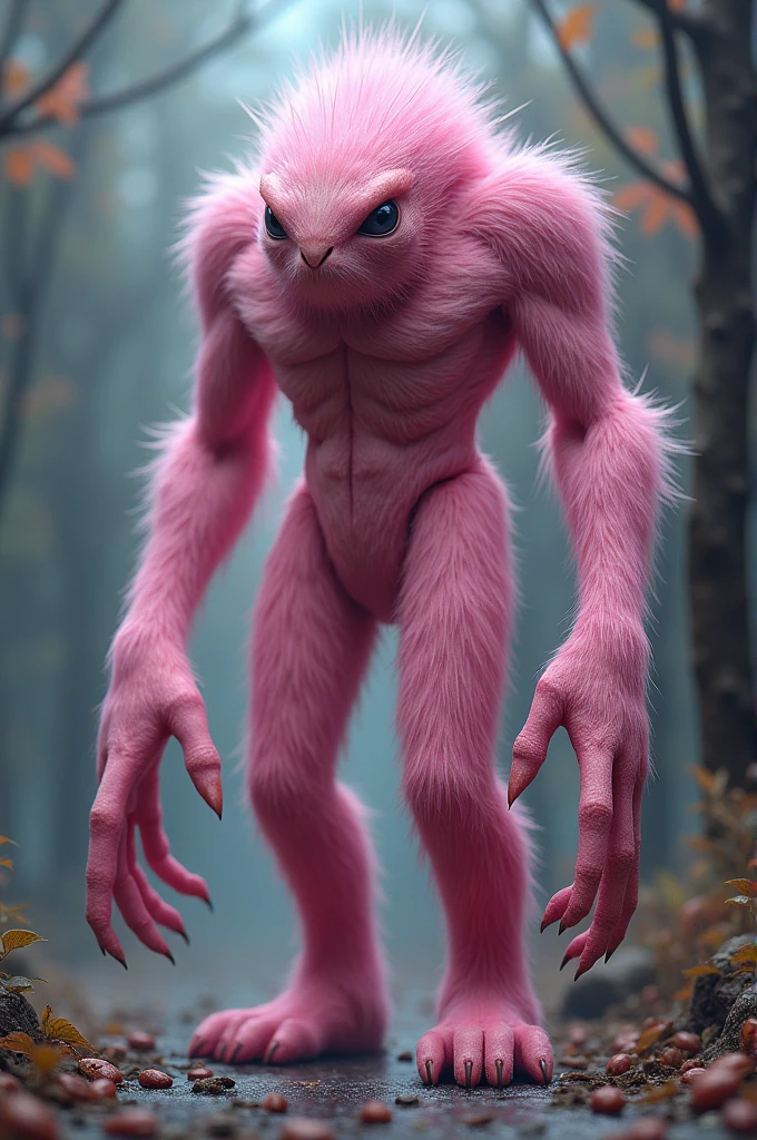 The long-armed monster has pink fur.