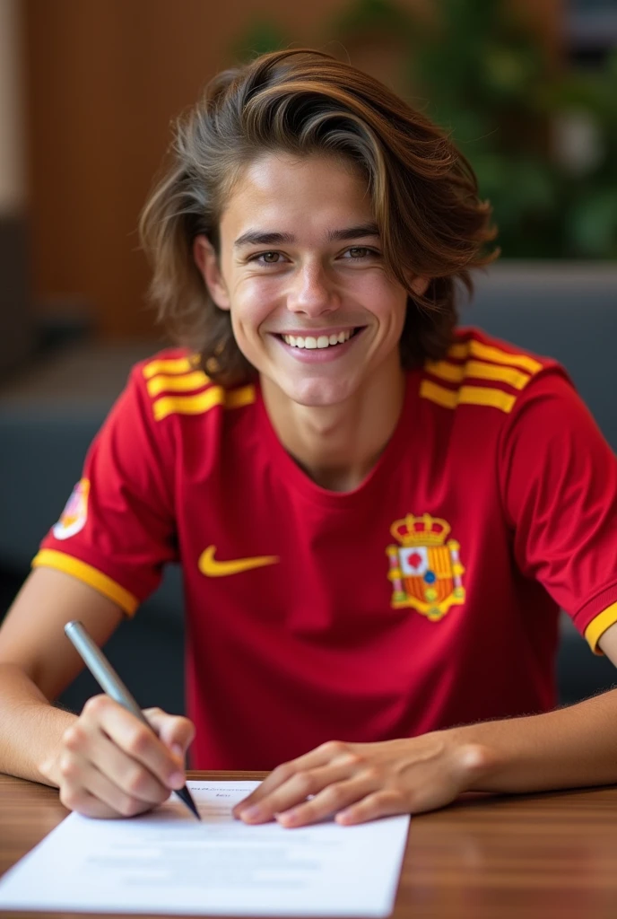 Create a young 17-year-old Spanish football player with medium-length hair styled back signing a football contract on the table. 