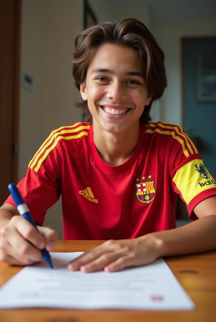 Create a young 17-year-old Spanish football player with medium-length hair styled back signing a football contract on the table.