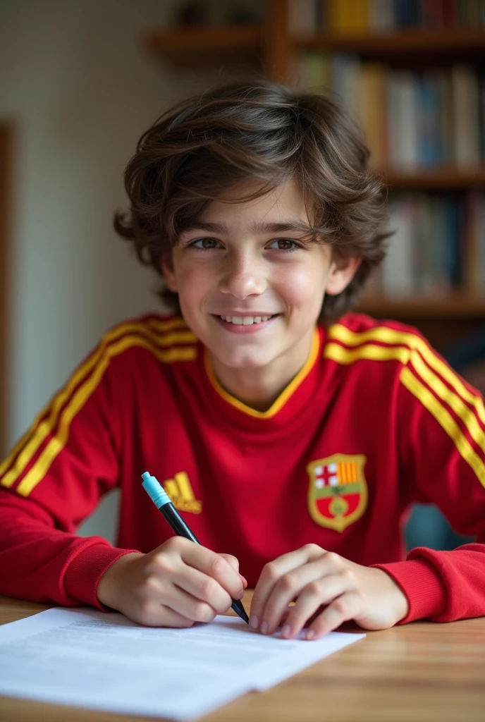 Create a young -yeld Spsh football player with medium-length hair styled back signing a football contract on the table.