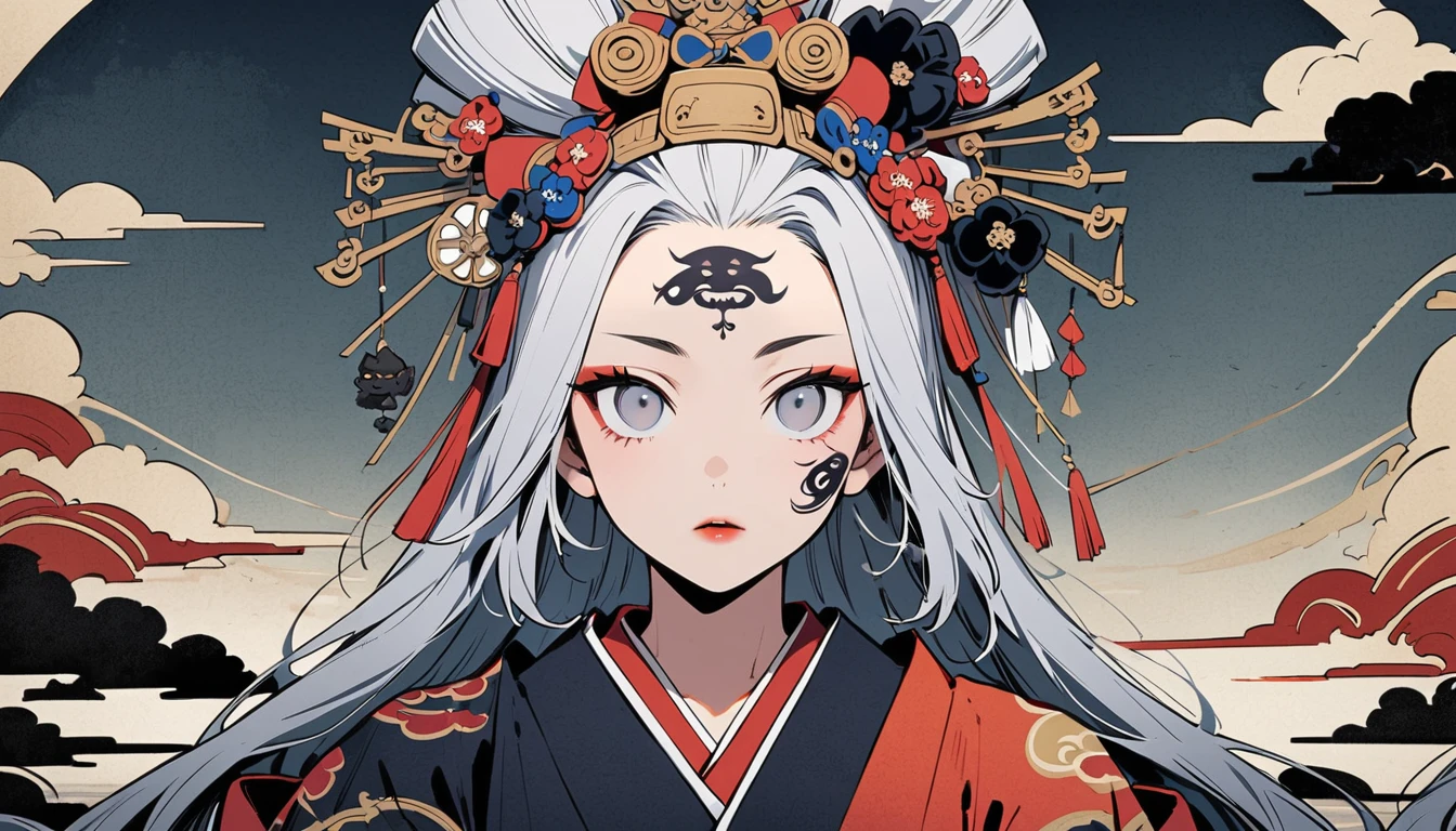 Ink painting, (((1 ninja girl))), (((Tattoo in the middle of the forehead))),(((In the background is the Akatsuki moon))), (((Oiran))), (((Great hair accessories))), Japanese style headphones, Demon possession, (((Grey eyes with engraving inside))),Face up close, Japanese beauty, White hair, Sensitive and precise, Modern Ukiyo-e style, Highest quality, katsushika hokusai, (((Elements of horror))), beautiful girl, Sensitive and precise, Modern Ukiyo-e style, Cyberpunk city,