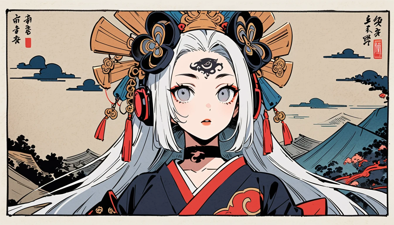 Ink painting, (((1 ninja girl))), (((Tattoo in the middle of the forehead))),(((In the background is the Akatsuki moon))), (((Oiran))), (((Great hair accessories))), Japanese style headphones, Demon possession, (((Grey eyes with engraving inside))),Face up close, Japanese beauty, White hair, Sensitive and precise, Modern Ukiyo-e style, Highest quality, katsushika hokusai, (((Elements of horror))), beautiful girl, Sensitive and precise, Modern Ukiyo-e style, Cyberpunk city,