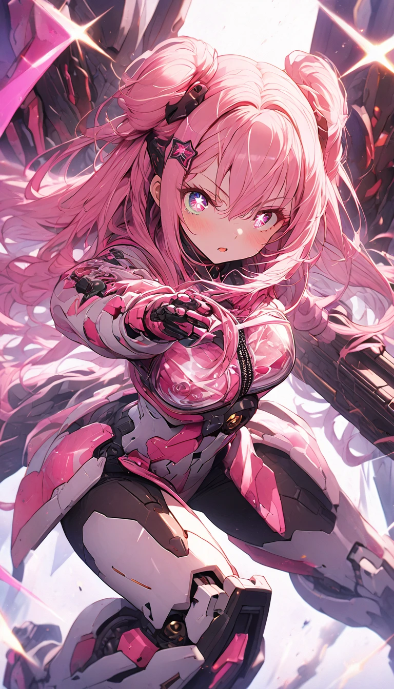 ((masterpiece))) whole body, whole body Shot (One Girl) ((Pink Hair, Long Hair, Straight hair, Both sides up))), ((Green Eyes))), eye shadow, eyeliner, Glow Eye, Hyper Detail Eye, Complex eyes, Beautiful Eyes, Detailed eyes, (((Star-shaped pupils, Shining pink eyes))) 18-year-old girl. (Wearing a transparent PVC jacket)) huge cool weapon mechanical in hand, huge cool weapon mechanical, Mecha, Mechaanism, mechanical, Open Stance, Coalesce